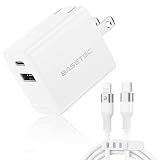 BASETEC 急速充電器 20W PD対応 折りたたみ式｜USB-C & USB-A 2ポート｜ケーブル付 (タイプC-Lightning, ホワイト)