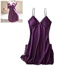 [FsGrg] セクシー ランジェリー 横開き サテン ハーフスリップ スリップ キャミソール 深vベール キャミソール スリット レース レース レディース （パープル）