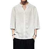 [YIMANIE] 夏服 メンズ tシャツ 七分袖 綿麻 ゆったり Vネックシャツ 無地 リネンシャツ トップス おしゃれ 快適 カジュアル 涼しい 通勤 軽量 薄手 カットソー