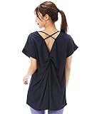 1615 Tシャツ 無地 速乾 トップス バックデザイン ヨガ フィットネス ランニング トレーニング スポーツ ジム 宅トレ 運動 ウェア レディース 半袖 (ネイビー/Mサイズ)