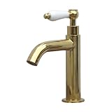 洗面水栓 蛇口 水栓金具 単水栓 シングルレバーハンドル 陶器 ゴールド（金） [奥行16×吐水口高9cm] INK-0302056HT