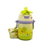 【bc babycare】 ボトル 子供用 ステンレスボトル ストロー付き ストラップ付き くるくる回る風車 300ml 保温 保冷 ステンレス アウトドア 遠足 キャンプ 両手持ち 通園通学 (グリーン)