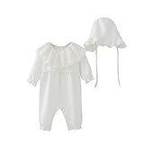Aliciga ロンパース 新生児 ベビー 弾力 下開き 長袖 女の子 スカラップ タッセル 子供服 + 帽子 2点セット 綿 柔らかい ソフト 超かわいい 保温 冷房 寒さ対策 (60, ホワイト)