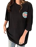 [タイムスリップ] レディース Tシャツ シャツ ゆったり ビックシルエット ロング ロゴ プリント オーバーサイズ 七分袖 半袖 はんそで 七分袖 しゃつ てぃーしゃつ T ビッグ シルエット ぷりんと ろご ロゴT カットソー トップス(ブラック,M)