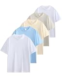 [SHOREKEEPER] 6.8OZ tシャツ メンズ 半袖 綿100% 5枚組 プレミアム インナーシャツ ゆったり ティーシャツ 丸首 無地 抗菌防臭 肌着 オールシーズン 複数色選び 男女兼用 (JP, アルファベット, M, クリーン5色(ホワイト × ホワイト × ライトブルー × 杏色 × ペールグレー))
