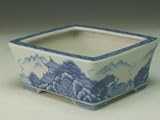 伊藤月香　青絵山水画長方盆栽鉢
