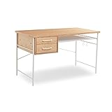 パソコンデスク デスク 机 引き出し2杯付き ラック付き 天然木板 木製 幅120cm ナチュラルホワイト