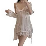 [PHCOMRICH] ベビードール セクシーランジェリー 花柄レース 透け 可愛い ガウン付き キャミソール ネグリジェ ハーフスリップ セクシー 下着 セット (ホワイト, M)