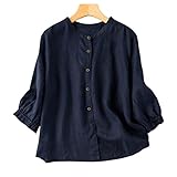 リネンブラウス 七分袖 ブラウス 綿麻 シャツ スタンドカラー 前開き 綿麻ブラウス リネンシャツ トップス フリル袖 ナチュラル キレイめ 無地 大人 おしゃれ ゆったり かわいい 大きいサイズ 綿麻混-ネイビー||M