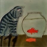 Cat watching Goldfish装飾セラミック壁アートタイル6 x 6