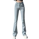 [Teddy] デニムパンツ レディース ストリート フレア ジーパン ストレッチ 薄手 ハイウエスト 春夏秋 pants459 (M, ライトブルー)