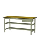 ワークテーブル300シリーズ H900固定式 中間棚・半面棚板・1段 深型W500mm キャビネット付 天板：木目 本体・キャビネット：グリーン 900×750 SWPH-975TS1-MG+D1-G