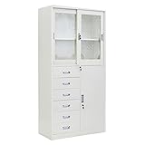 スチールキャビネット アクリル窓仕様 スチール キャビネット 書庫 スチール書庫 引き戸 鍵付き 6段引き出し付き 収納庫 完成品 業務用 ホワイト f006d