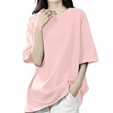 [SLEEPSINERO] tシャツ レディース 半袖 【体型カバー・ゆったり細見え】 シャツ レディーストップス 春 夏 クルーネック 大きいサイズ 吸汗速乾 通気 着痩せ オーバーサイズ レディース夏服 カットソー ロング 5分袖 おしゃれ (M,ピンク)