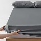 クモリ(Kumori) ボックスシーツ ダブル 140X200cm 洗いざらし 柔らかい 肌触り 無地 耐久シワ加工 洗える 吸湿速乾 着脱簡単 オールシーズン ベッド/マットレス/敷き布団対応 ベッドシーツ シーツ マットレスカバー ベッドカバー (140X200cm, ダークグレー)