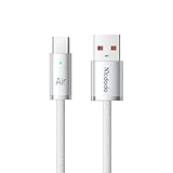 Mcdodo 6A USB-A to USB-Cケーブル 高速充電 Type-Cケーブル ブルー充電表示ライト付き 高速データ転送 アルミ合金外装 頑丈なナイロン編み 携帯コード タイプC 充電コード iPhone 17/16/15シリーズ Xperia Galaxy Pixel その他AndroidデバイスなどUSB-C端末を互換 1.2m ホワイト 型番CA-1321