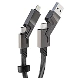 4in1 iPhone 充電ケーブル タイプc PD対応60W/3A 急速充電、データ同期付き、MFI 認定フラット編組 Apple CarPlay コード & Android Auto usb ケーブル、USB A+USB C to USB C+Lightning マルチ充電ケーブル ラップトップ/iPhone 15/14/13 Android/iPad/Galaxy対応、3フィート