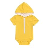 HUYB 　ベビー服　赤ちゃん　ロンパース　男の子　女の子　半袖無地　ソリッドカラーフード付き　ロンパース　キッズ服　 (80, 黄色)