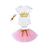 三番目の店　3PCS 赤ちゃんの女の子の誕生日パーティーの服　かわいいロンパー+スカート+ヘッドバンド　セット　プリンセスドレス (1, ピンク)