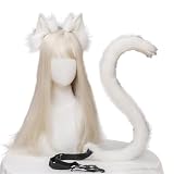 猫耳 カチューシャ コスプレ 白猫 黒猫 しっぽ クリスマス ねこ キツネ 仮装 耳+しっぽセット (ホワイト)