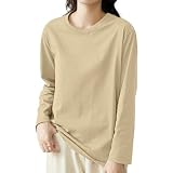 [EAXGO] 【綿100！当店１番人気】ロンティー レディース 長袖tシャツ トップス 【トレンドの新定義・ゆる感・小顔効果】 カットソー クルーネック ティーシャツ ロングスリーブ 無地 カジュアル ゆったり 重ね着 きれいめ オシャレ 秋 (L, カーキ【NEW】)