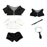 20cm ぬいぐるみ 服　スーツ　上着　白シャツ　半ズボン　ベスト　ネクタイ　ベルト　着せ替え　綿人形服 (black)