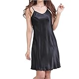(ADOSSY) シンプル 無地 ロング スリップ キャミソール なめらか ナイトウェア パジャマ 下着 インナー レディース (L, ブラック 黒)