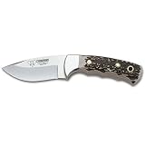 茶色の革ケースとハンドル 8.5 cm の鹿の角シートで Cudeman 142 C スキナー ナイフ。「清算の連帯」