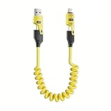 4in1カールコードケーブル Type-CからLightningへ USB-AからType-Cへ 変換コネクタ付きカールコード充電ケーブル65W 最大480Mbps 4イン1マルチ充電ケーブル ノートパソコンPD対応 iPhone Samsung (イエロー)