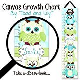 Personalized KidsキャンバスGrowth Chart緑とターコイズStacked Up Owl FriendsダマスクBaby NurseryキャンバスGrowth Chart gc0