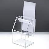 アクリルスライド募金箱/チラシケース付/クリア/鍵付　W12cm/D9.7cm/H17.9cm