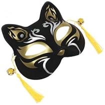 Amazon | [株式会社 山本人形] 猫の半面お面 黒金色 ブラックゴールド