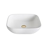 Kraus KCV-127-G Modern Elavo Ceramic Soft Square Vessel Bathroom Sink with Pop Up Drain, Gold/White 