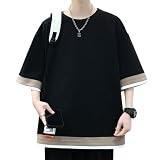 [GUTHONG] Tシャツ メンズ 半袖 メンズ 七分袖 夏服 レイヤード 大きいサイズ おしゃれ カジュアル プルオーバーッ 人気 ゆったり トップス メンズ tシャツ black M, #G581-ブラック