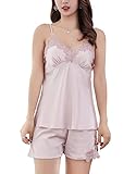 [vimare] ルームウェア 上下 セット カップ 付き キャミソール ショート パンツ サテン パジャマ レディース (2XL, スモーキーピンク)