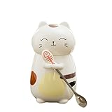 桜の雪 かわいい 猫ちゃん キャラカップ 蓋 杓子付き コーヒー杯 お茶のカップ マグコップ 飾り物 プレゼント (イエロー)