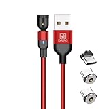 DAIAD USB A to Type-C マグネット式 充電ケーブル 1PIN 充電専用 着脱式 LED付き 防塵キャップ 首振り L字 360度回転 ナイロン編組 端子3個セット 0.5m (レッド)