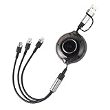 ELUTENG 3in1 100W 充電ケーブル 巻取りケーブル フラットデザイン 透明ケース 伸縮式急速充電ケーブルライトニング/Type C/マイクロUSBコード 3台同時充電 1.1m ブラック iPhone 16 15 14 Galaxy S25 S24 iPad MacBook 他 多機種対応