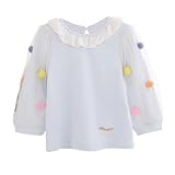 ベビー　服　女の子　80　秋　長袖　トップス　祝い着　通園　綿100％　ブルー　フリル袖　ポンポン飾り　秋冬トップス　キッズ　丸首　子供服　幼児　カジュアル [並行輸入品]
