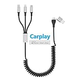 充電ケーブル 3in1 ライトニングケーブル カールコード Apple Carplay ケーブル & MFi 認証、iPhone充電ケーブル 2.4A充電と高速データ転送ケーブル、USB A/Type C to 3-in-1 マルチ USB ケーブル タイプ C + Lightning + Micro USB 急速充電ケーブル ショート iPhone/Android/iOSに対応