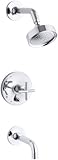 Kohler Purist rite-temp pressure-balancing Bath andシャワー蛇口トリムwith押しボタン切替弁、7 – 3 / 4 "注ぎ口とクロスハンドル、バルブは