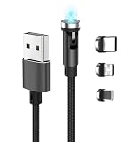 540°回転3in1磁気充電専用ケーブル マグネット急速充電ケーブル Micro USB、Type-C、ライトニング対応 単ピン端子 L字兼用 磁石 LEDライト付き ナイロン編組 For i0S Android USB Magnetic Charging Cable Cosmic3C HICC56-B01(ブラック, １メートル)