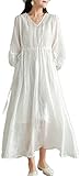[CREAM] ワンピース レディース ロングワンピース 半袖 春夏秋 ゆったり リネン風 カジュアル 膝下 綿麻風 大きいサイズ ウエスト紐付き マキシ A ライン 無地 体型カバー シャーリング ウエストマーク マタニティ パフスリーブ レトロ Vネック (ホワイト,2XL,2XL)