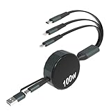 新100W 3in1 充電ケーブル, USB A + USB C to 巻き取り式充電ケーブル 3in1 約120cm PD 100W 急速充電タイプc 充電ケーブル(100W) ライトニングケーブル(27W) マイクロusbケーブル(10W)、iPhone充電ケーブルはiPhone 16 15、14 13 12 11 Androidフォンタブレットラップトップに適しています