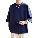 [Hiboss] tシャツ メンズ 半袖 大きいサイズ 7分袖 無地 ラウンドカット おしゃれ ゆったり 夏服 藏青L