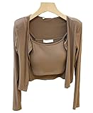 [HAUTE] 2点セット レディース カーディガン キャミソール トップス セーター 羽織り ニットキャミソール ニットカーディガン ニット 長袖 クルーネック 無地 カジュアル ショート オシャレ きれいめ 着痩せ エレガント 薄手 春夏 (ブラウン,Free Size)