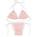 [しまぱん.com] 縞紐パン＆ブラセット コットン 細めしましま ストライプ ビキニ水着コスプレセット 縞ブラ 縞パン 縞ぱん しましま レディース ショーツ ブラジャー 綿 胸パッドなし (ピンク, FreeSize)