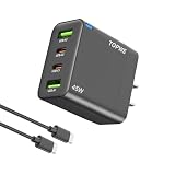 TOPWE 45W 充電器 type-c 急速充電器 4ポート usb-c PD対応 usb c コンセント acアダプター 【PSE認証済・小型・軽量】タイプc iPad iPhone Xperia Galaxy Google Pixel など対応 C-Cケーブル付き(固定式プラグ グレー）