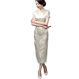 [LanBuff] レディース チャイナドレス 龍鳳柄 チーパオ チャイナドレス ロング 半袖 ワンピース ドレス セクシー ハロウィン 仮装 (M, ホワイト)