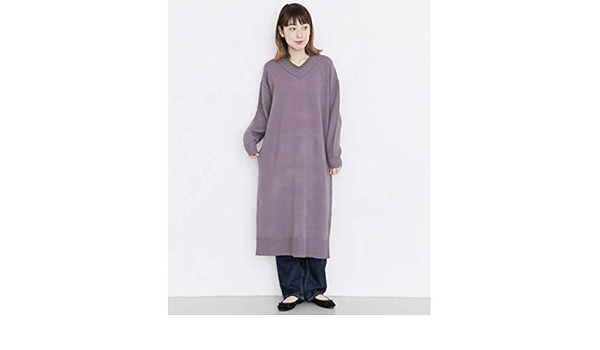 Amazon Co Jp Kbf Kbf レディスワンピース 配色vネックニットワンピース Lavender One 服 ファッション小物